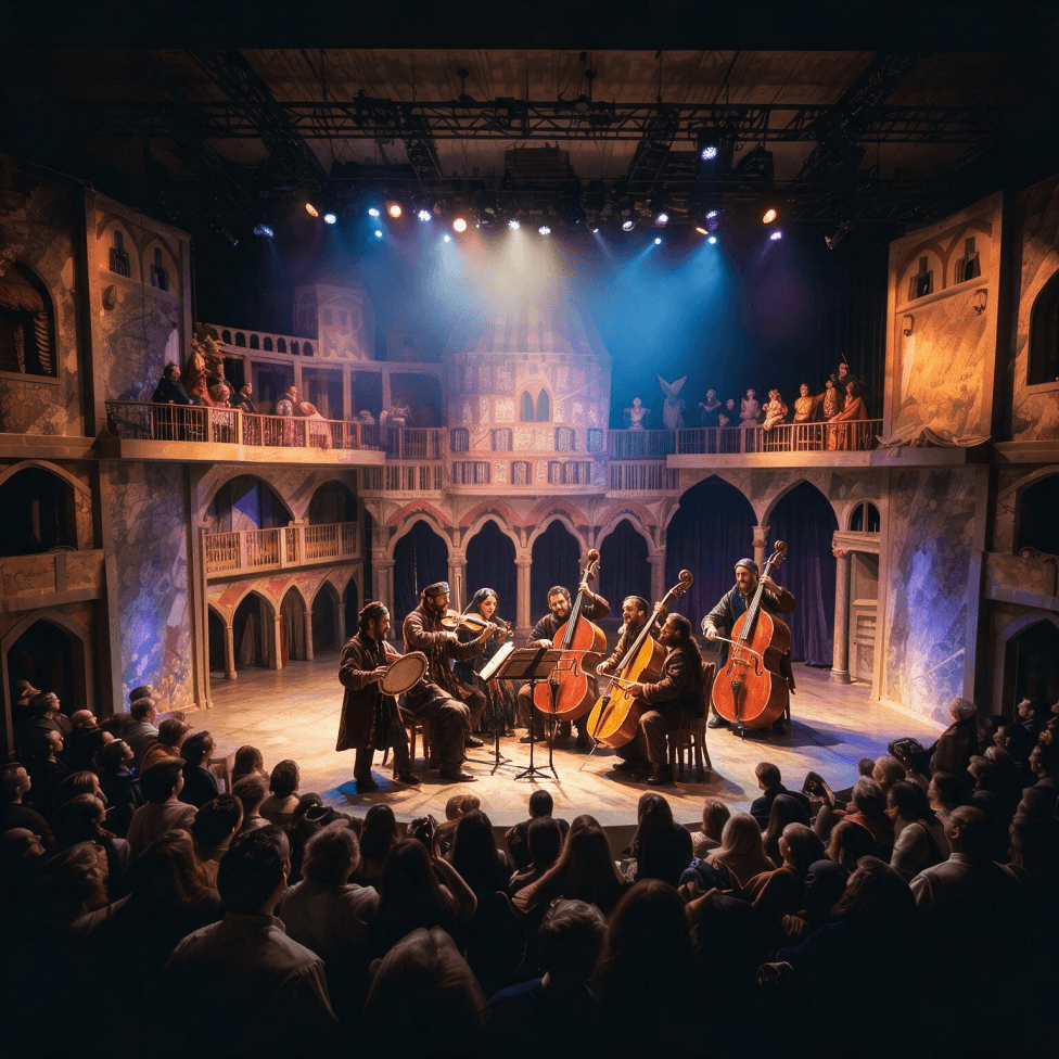 A string ensemble performing on a candlelit theatre stage